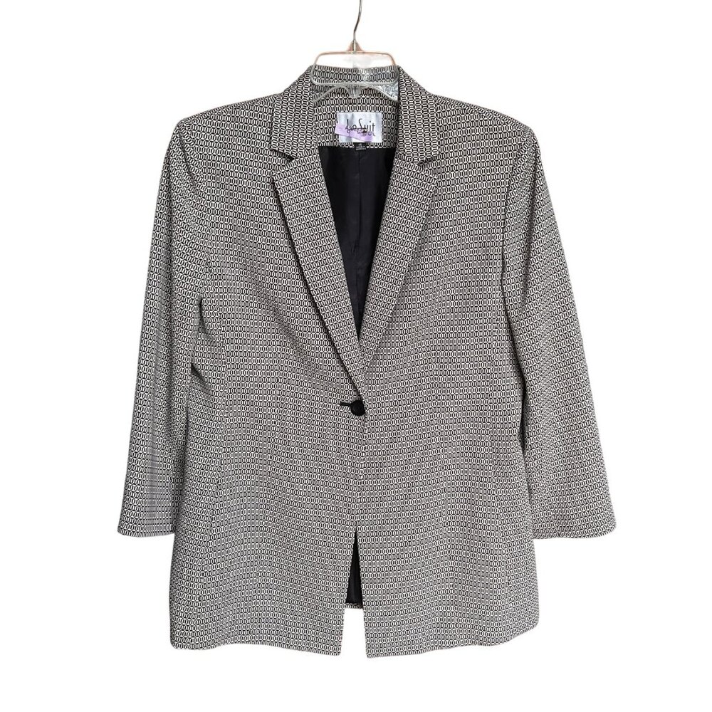 Le Suit Womens Black White Geometric Blazer Skirt Set Size 14 Office Career Corp